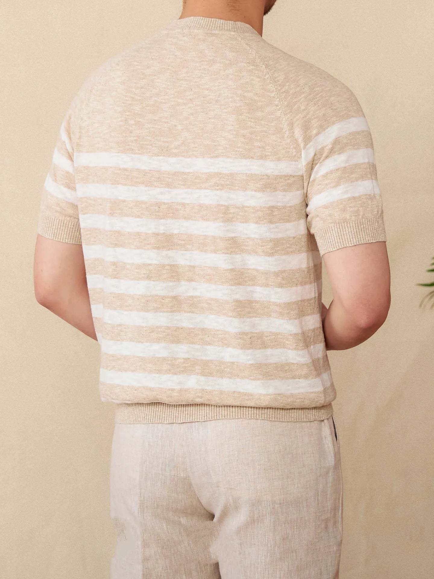 Linen cotton blend stripe t-shirt in coffee colour with round neck and short sleeve design