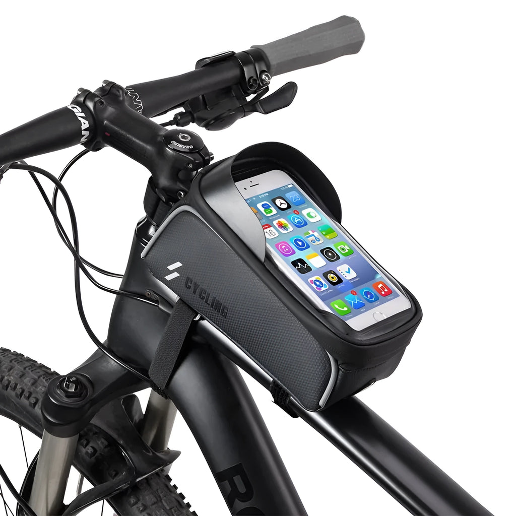 Black 1L handlebar crossbeam bag with TPU touch film window and Velcro straps, shown on a bicycle frame