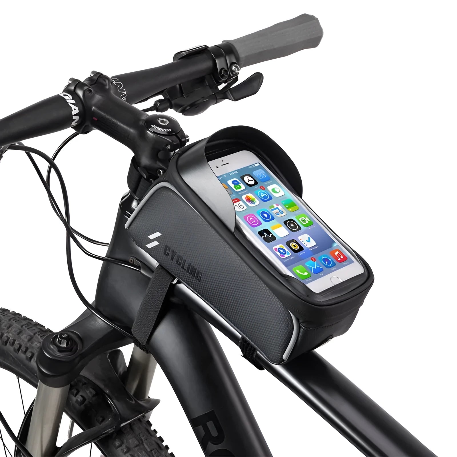 Black 1L handlebar crossbeam bag with TPU touch film window and Velcro straps, shown on a bicycle frame