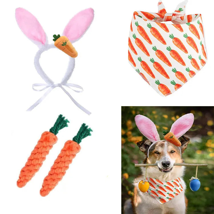 Easter pet party decor kit with two plush carrots, triangle bib, and hair hoop in multicolour polyester cotton rope