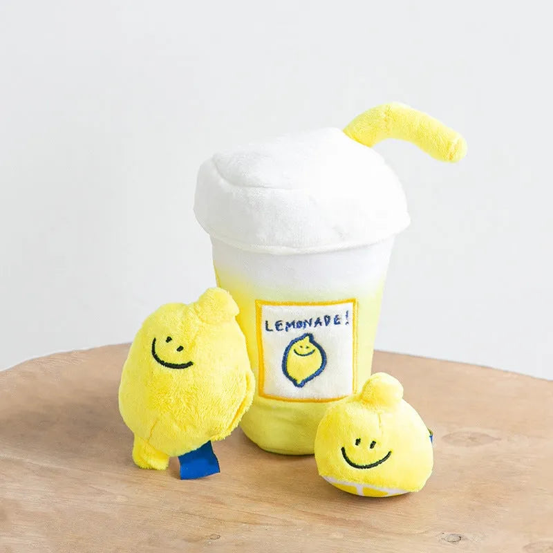 Yellow plush lemon tea cup pet toy with BB call and side snack pocket