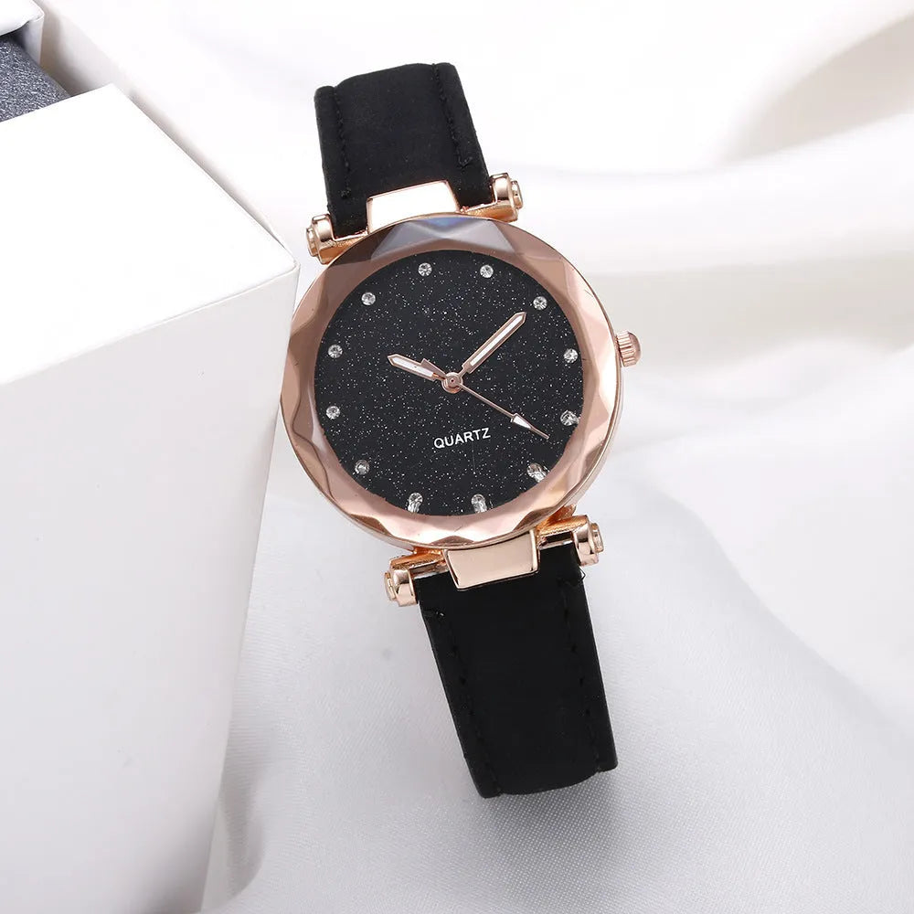 Starry watch with round 34mm dial, alloy case, imitation leather strap, and onion crown in a colour option