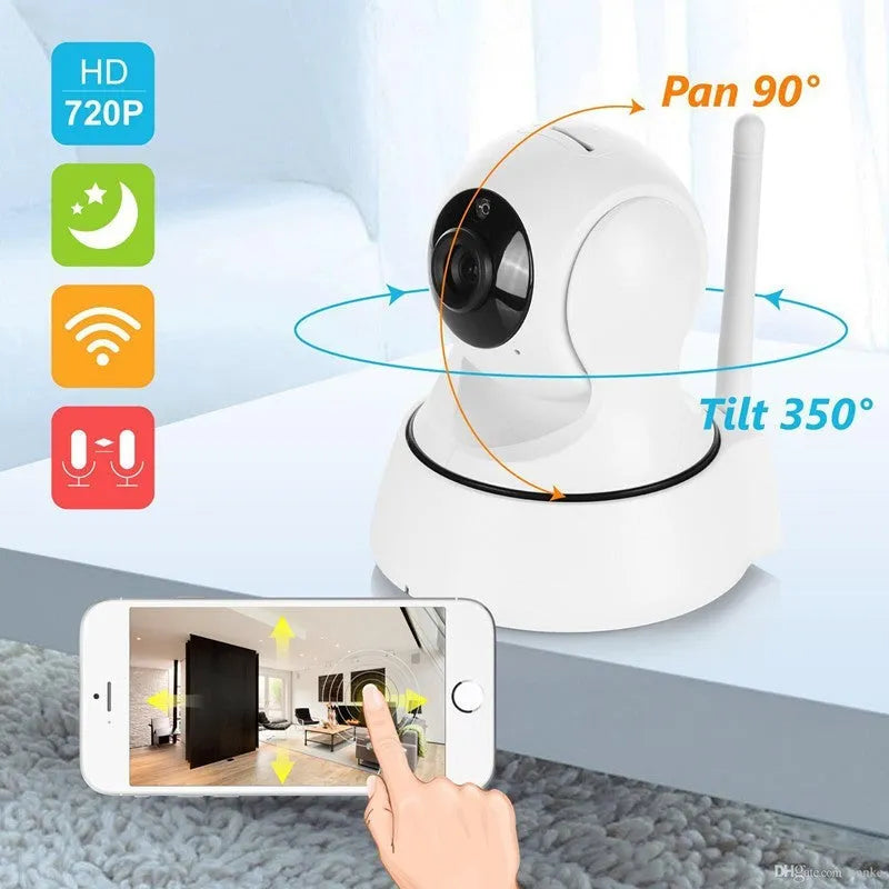 White 720P wireless network camera with pan/tilt, night vision, and built-in speaker for indoor security