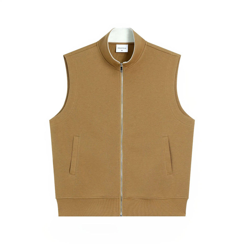 Men's cotton blend cardigan vest in desert khaki and satay apricot, loose fit, straight hem, pockets with embedded lines