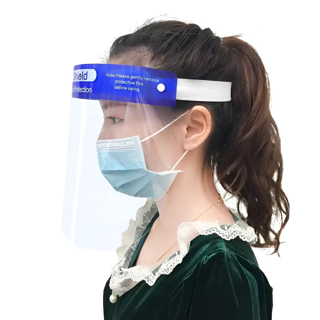Blue PET anti-splash protective mask, head-on style, for droplet self-protection, available in 5pcs or 100pcs packs.
