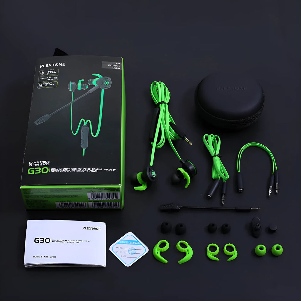 Shuangmai wired in-ear computer gaming headset in black, green, and red with short cable