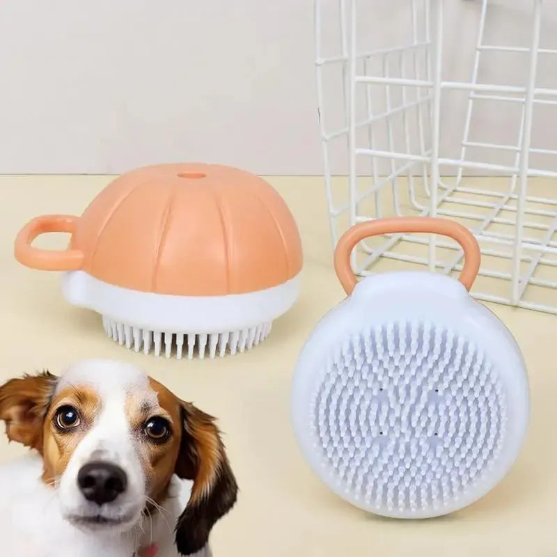 Orange TPR dog bath brush with shampoo dispenser and pumpkin-shaped grip for pet grooming