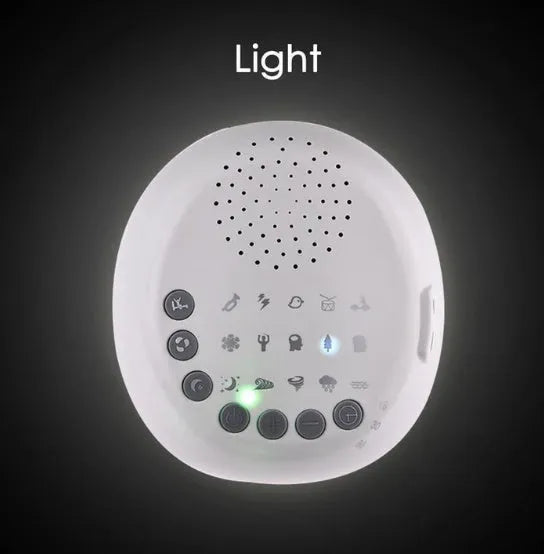 White noise machine with 9 sounds, timer, volume knob and USB cable, white colour, 16.5 x 16 x 6.3 cm
