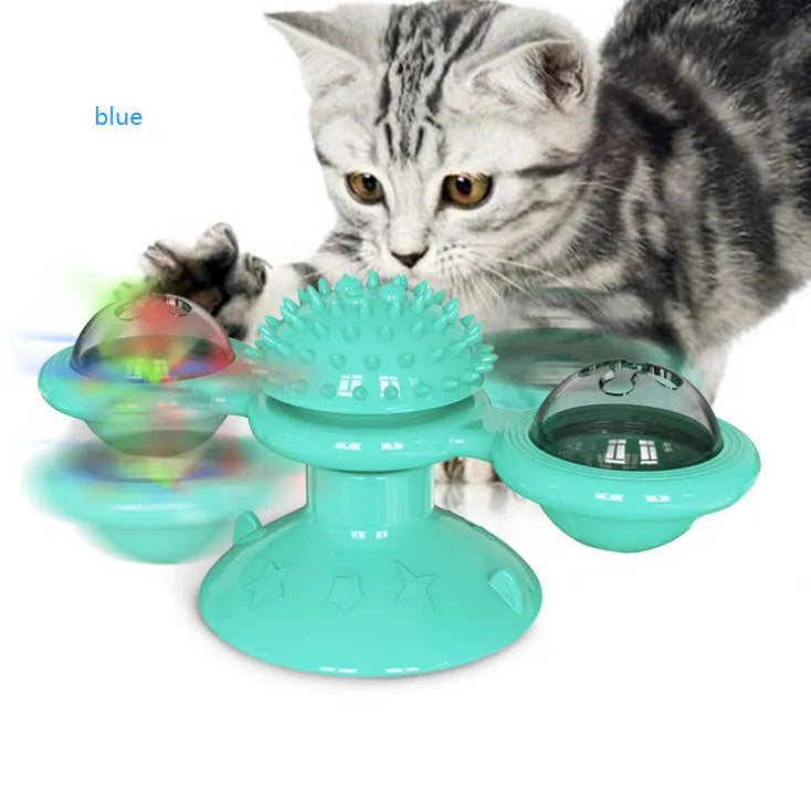 Cat rotating windmill multi-function toy with suction base and luminous ball in blue turntable colour