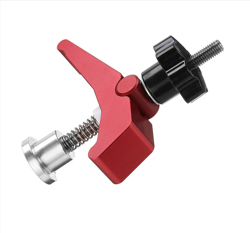 Red-handled aluminium alloy woodworking table block slide holder with a flat mouth shape.