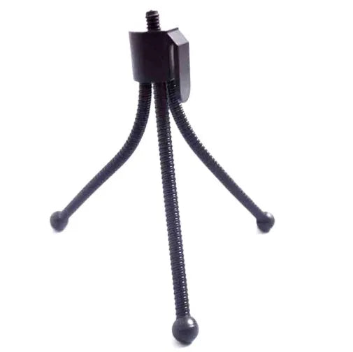 Compact aluminium mini tripod with ball head, shown contracted to 110mm height next to a smartphone.