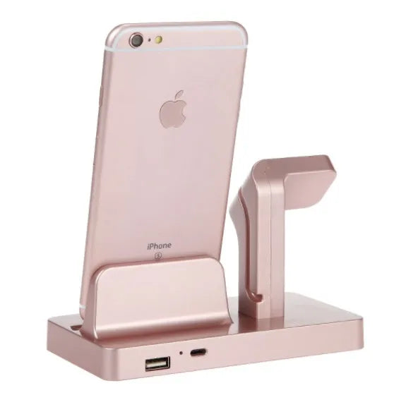 White 2-in-1 desktop charging dock holding an iPhone and an Apple Watch for simultaneous charging.
