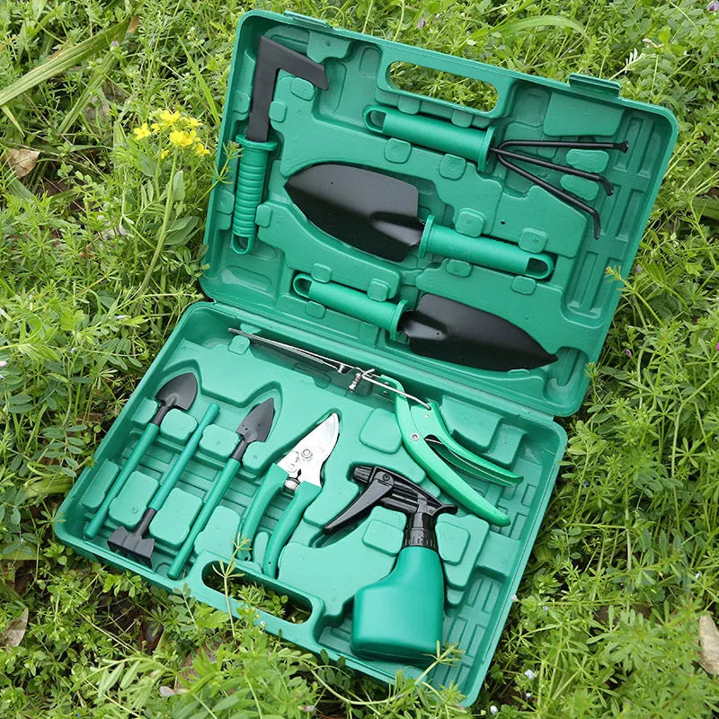 Ten-piece gardening tool set with iron heads and plastic handles in green and purple colour options