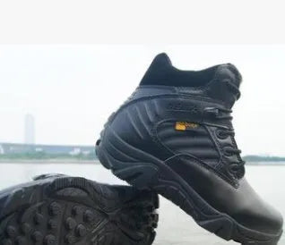 Delta high top army boots in black with cowhide leather upper, rubber sole, and cotton lining