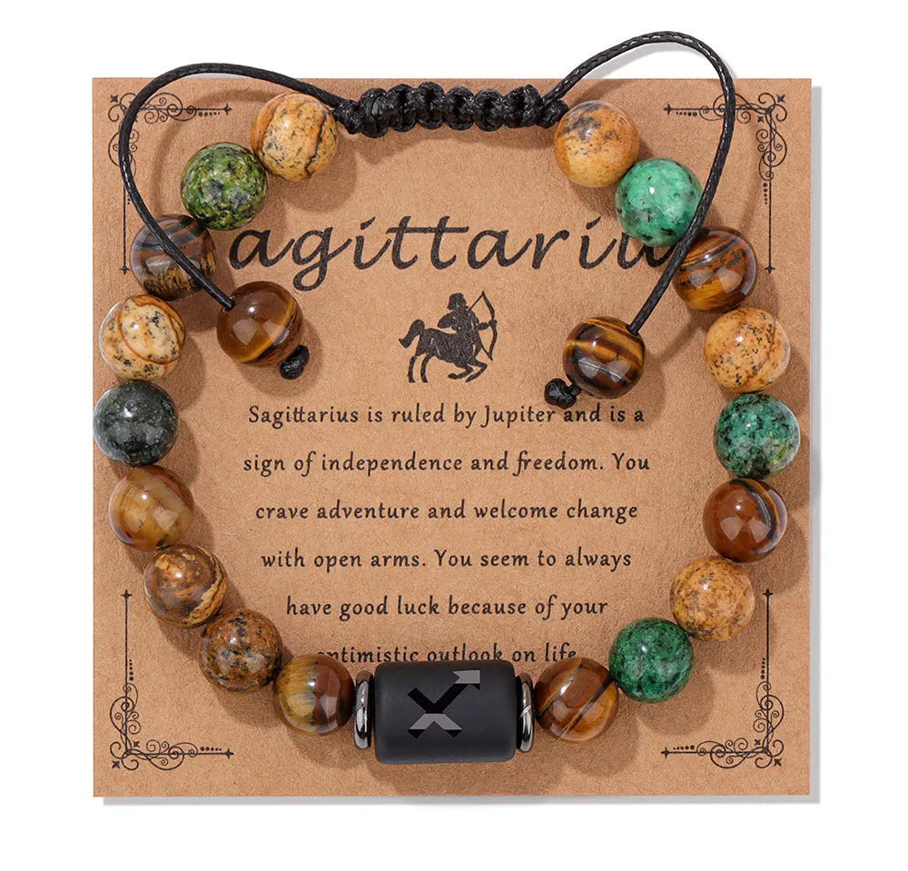 12 constellation woven men's retro natural stone bracelet with agate beads, 19cm length, unisex zodiac design