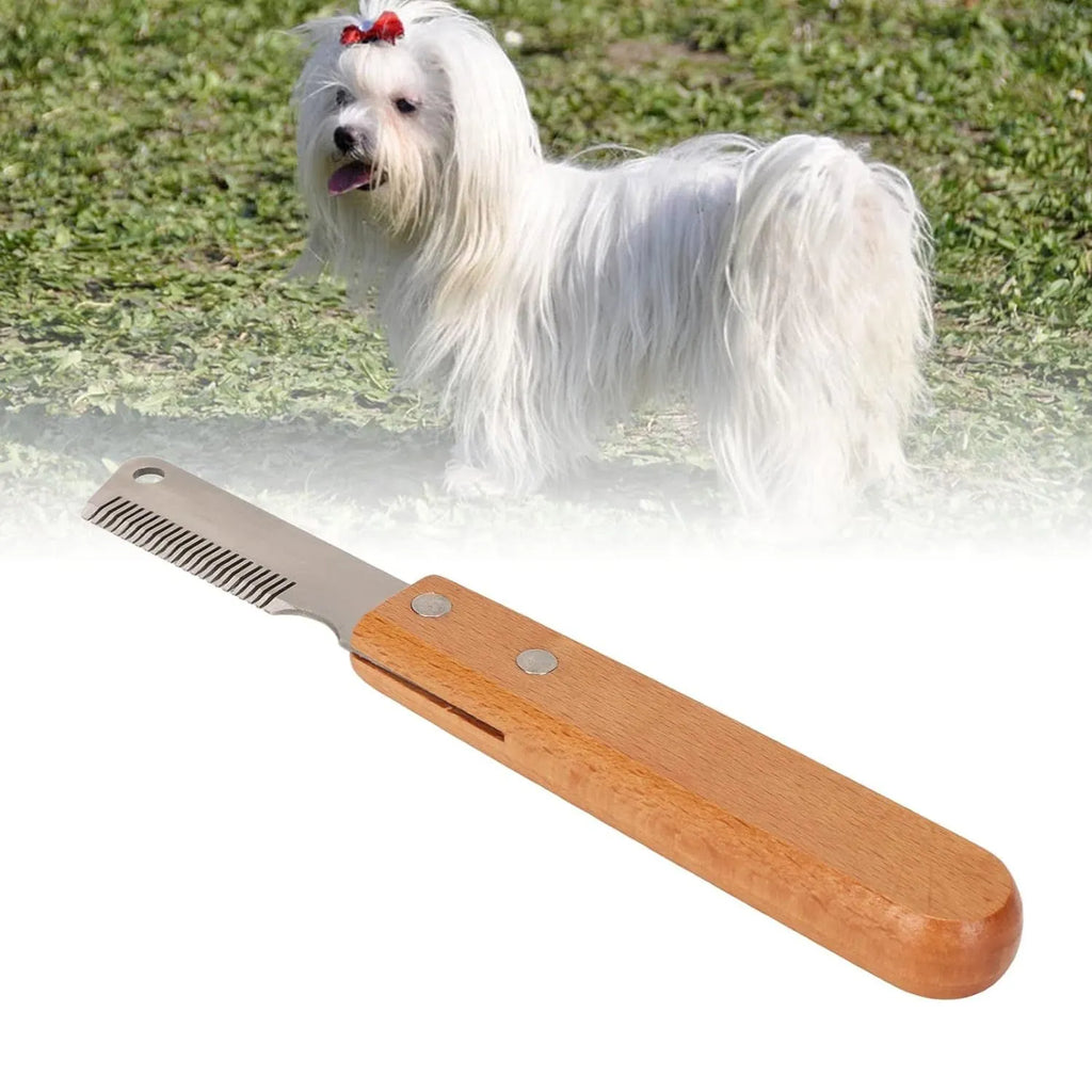 Pet stripping comb grooming tool with wood handle shown in long and short size options
