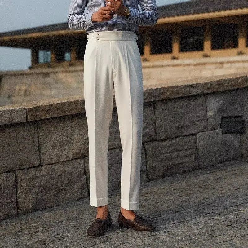 Slim fit straight-leg suit trousers in black, white, or apricot for business formal wear.