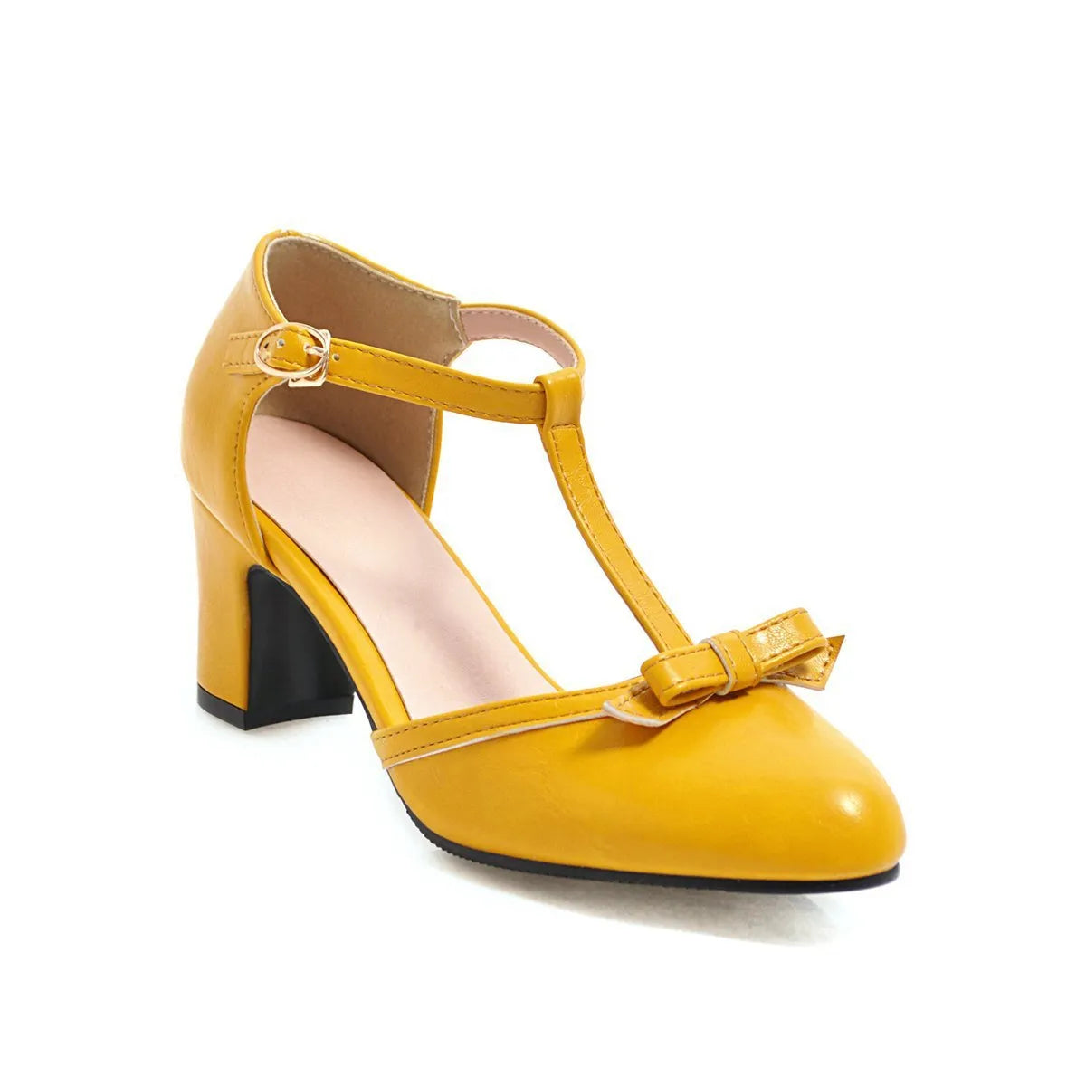 Yellow women's chunky heel sandals with a buckle strap and bow detail on a hollow-out round toe.