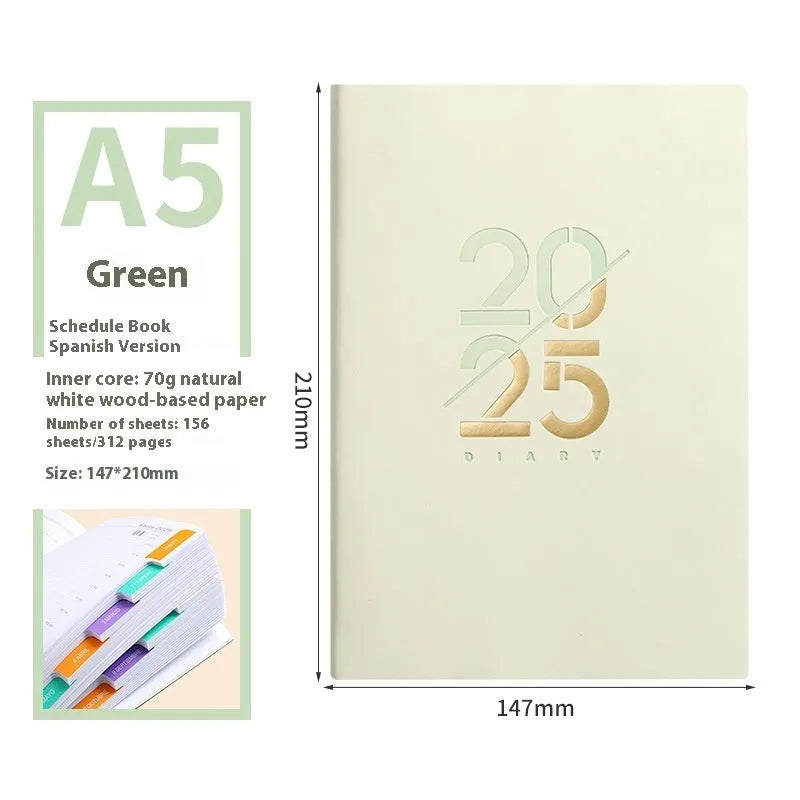2025 A5 daily planner with soft faux leather cover in multiple colour options showing open pages