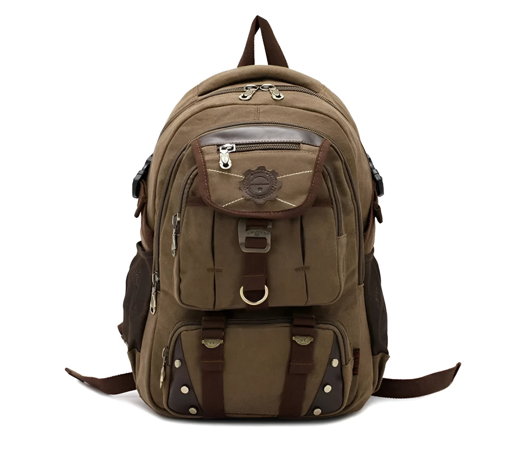Large canvas computer backpack 20-35L with zipper opening, air cushion strap, phone bag and buckle, in black or army green