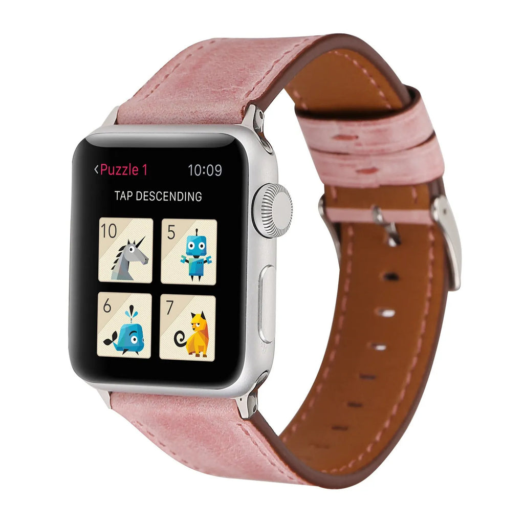 Genuine leather strap with folding buckle in multiple colours including blue, brown, and pink.