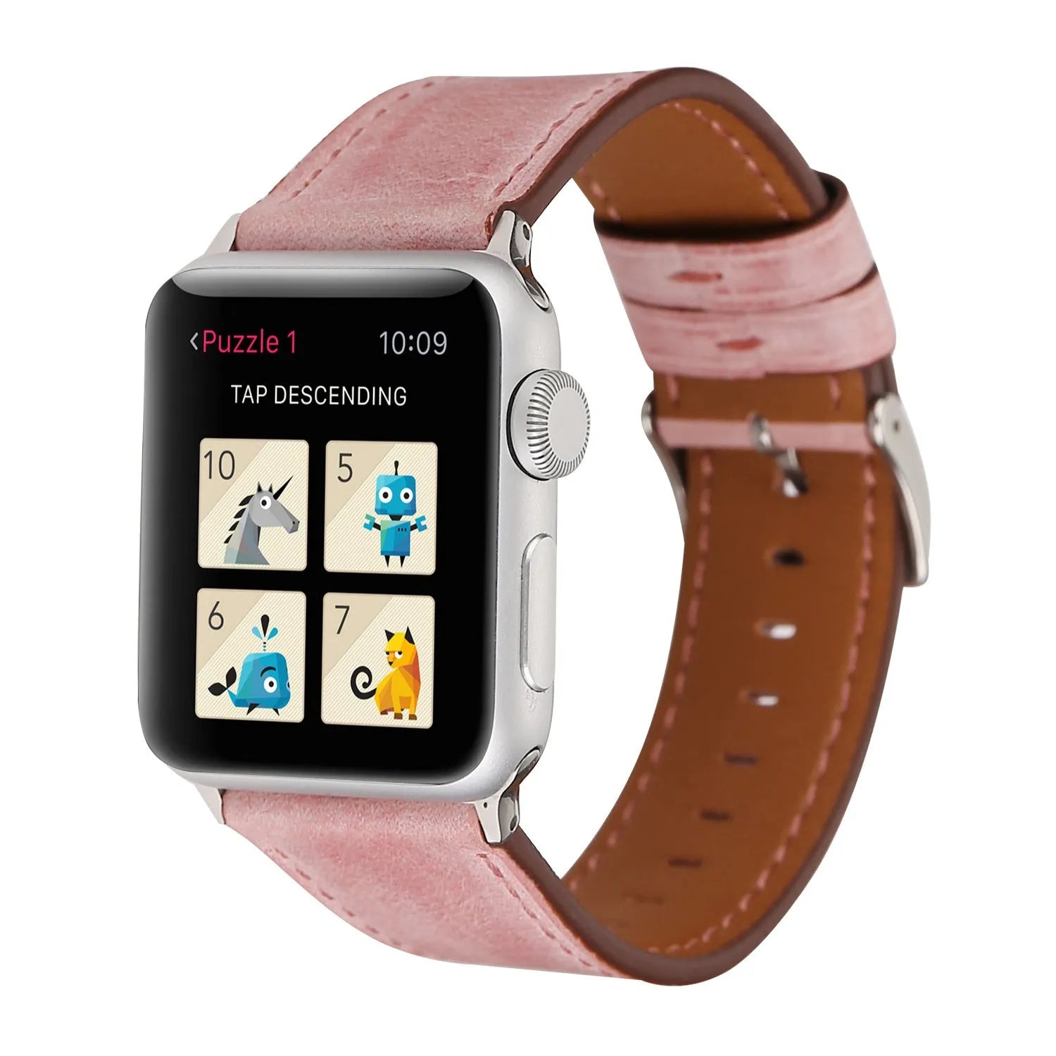 Genuine leather strap with folding buckle in multiple colours including blue, brown, and pink.