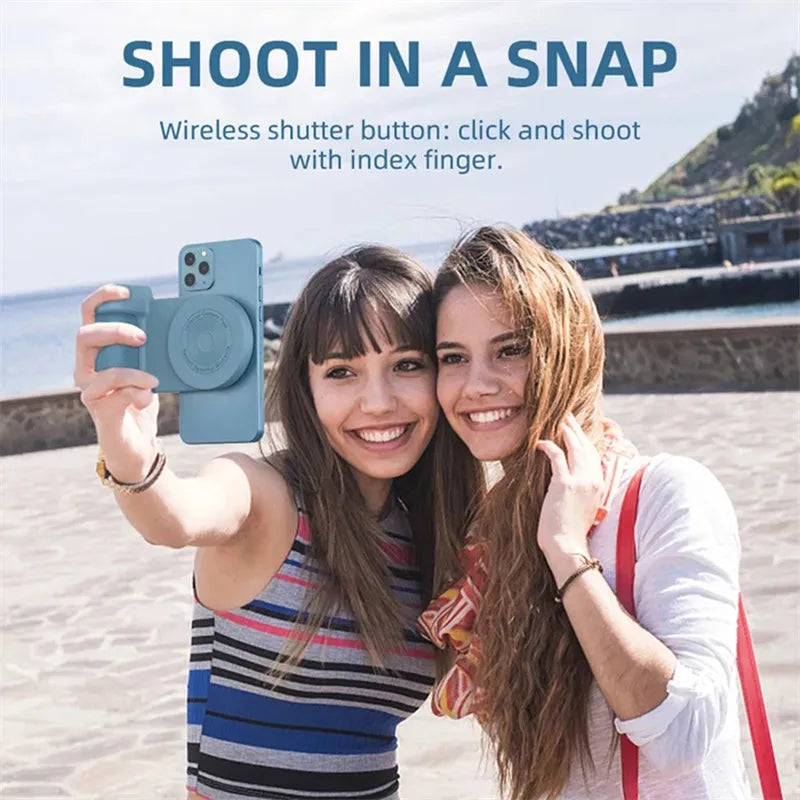 Black magnetic camera bracket with rotatable phone holder and PU leather grip
