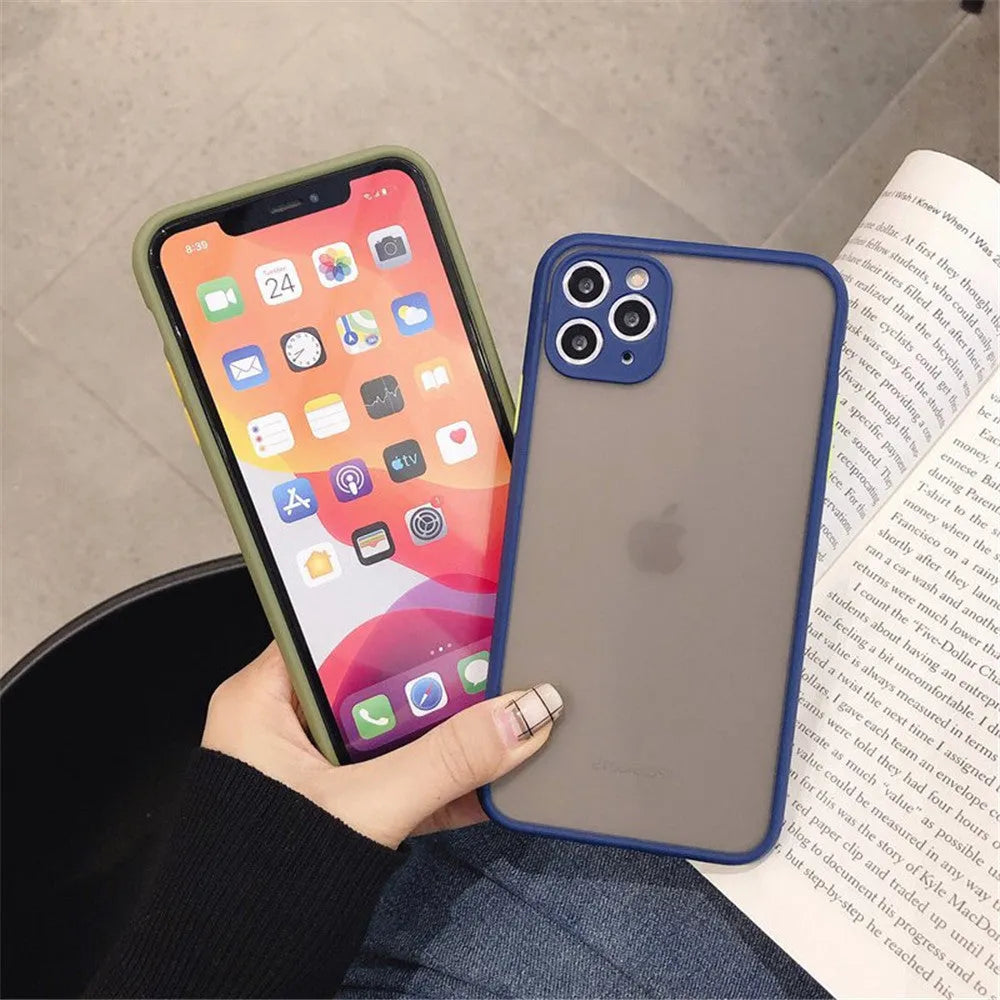 Solid colour hybrid shockproof protective case for iPhone models on a neutral background.