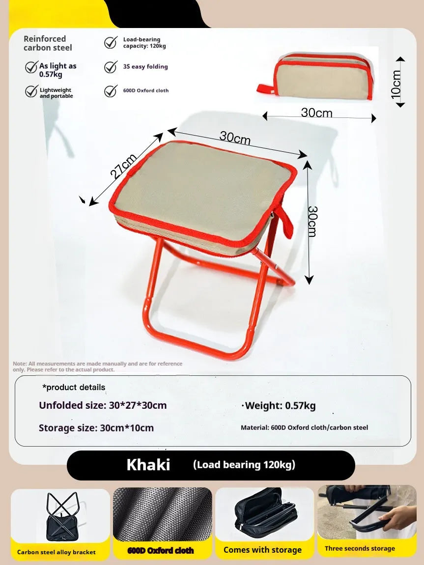 A foldable camp stool made from oxford cloth, shown in a khaki colour, folded into its compact pencil box shape.