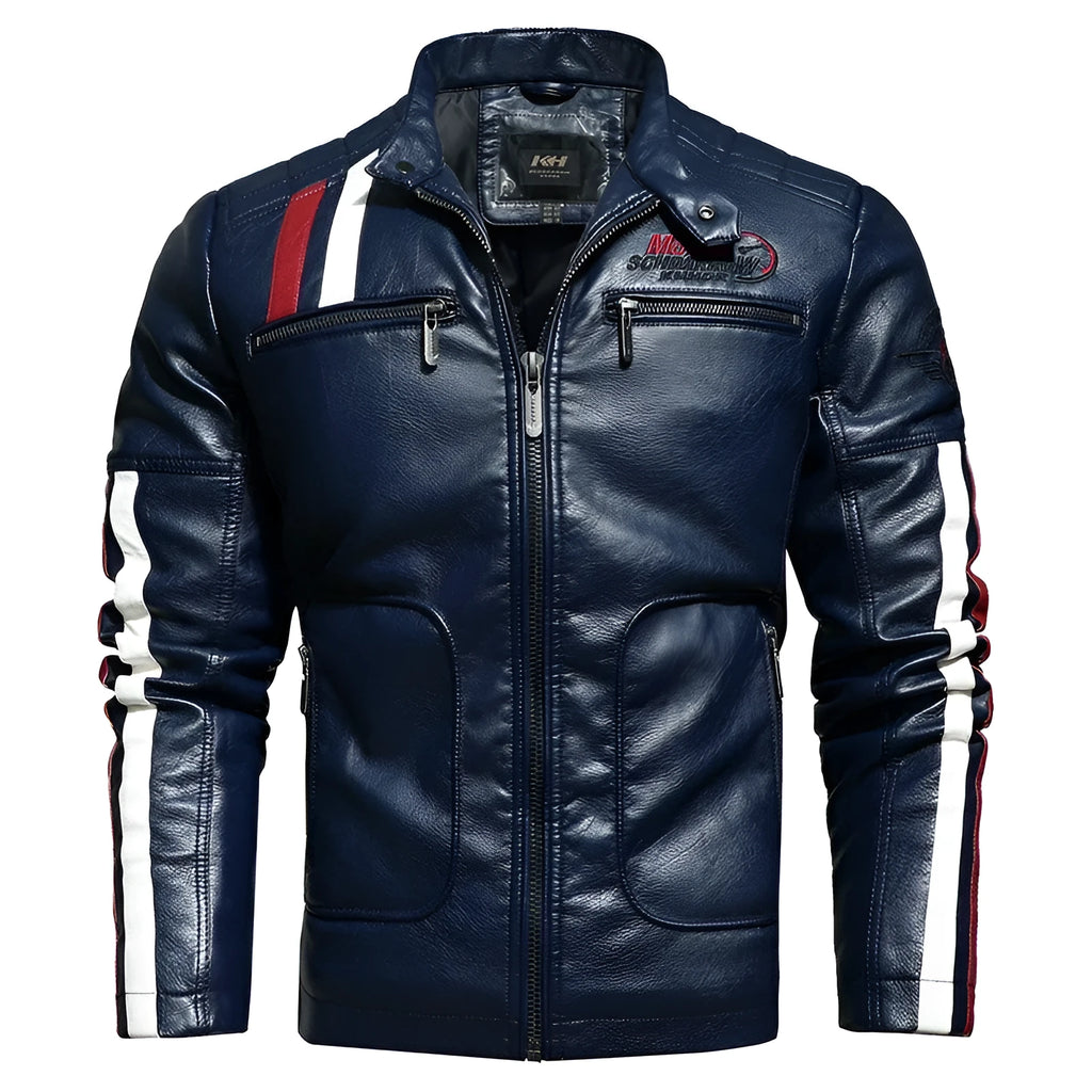 Men's black PU leather slim-fit embroidered jacket with stand-up collar and zipper front