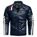 Men's black PU leather slim-fit embroidered jacket with stand-up collar and zipper front