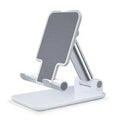Desktop mobile phone stand with non-slip silicone, PC shell, alloy sheet and alloy support rod, in black or white