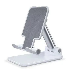 Desktop mobile phone stand with non-slip silicone, PC shell, alloy sheet and alloy support rod, in black or white