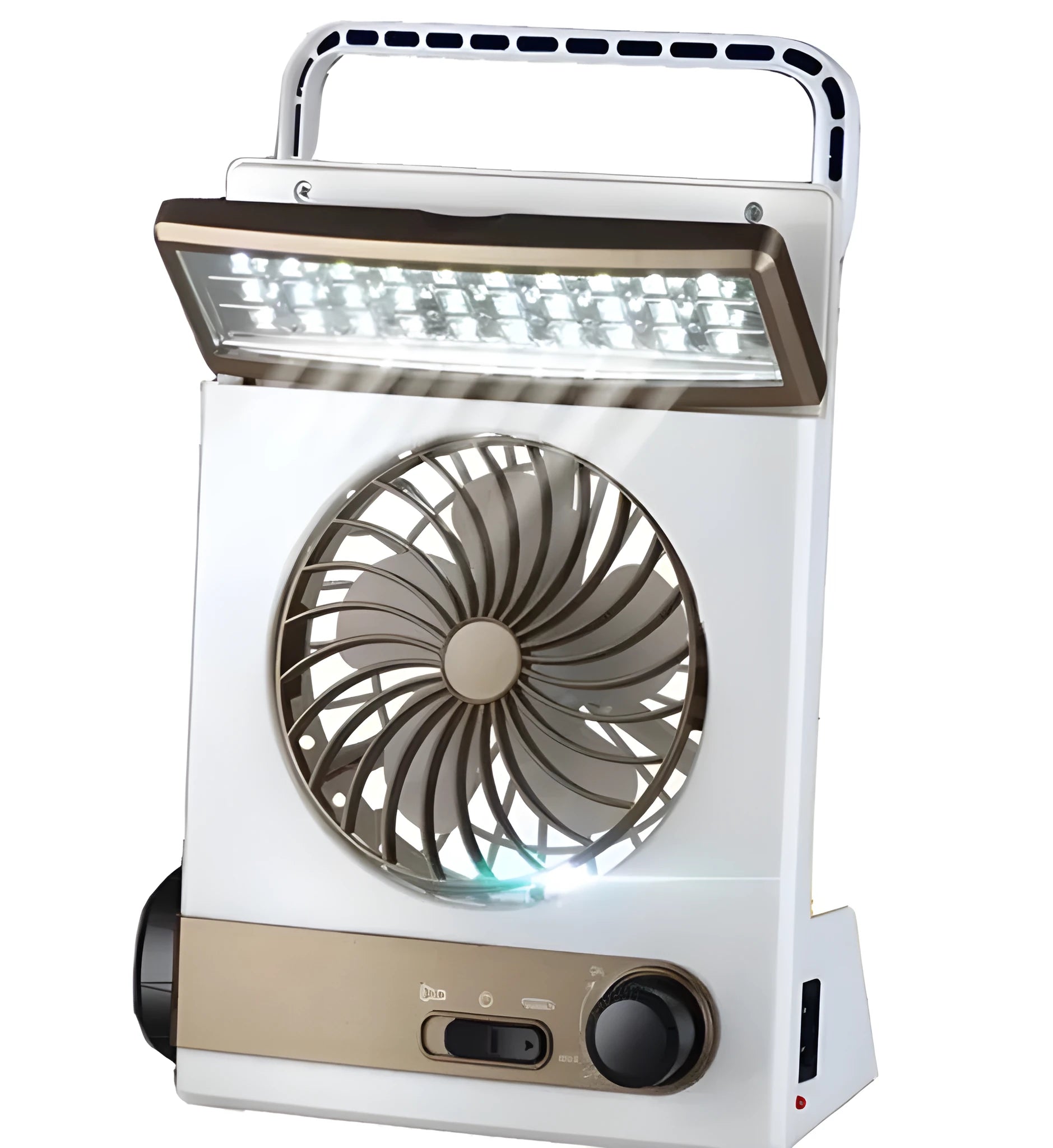 Solar charging camping light with mini fan and flashlight on a table