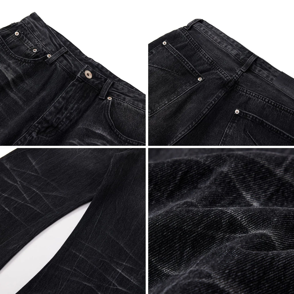 Black men's straight-leg jeans with a distressed lightning crack pattern on the legs.