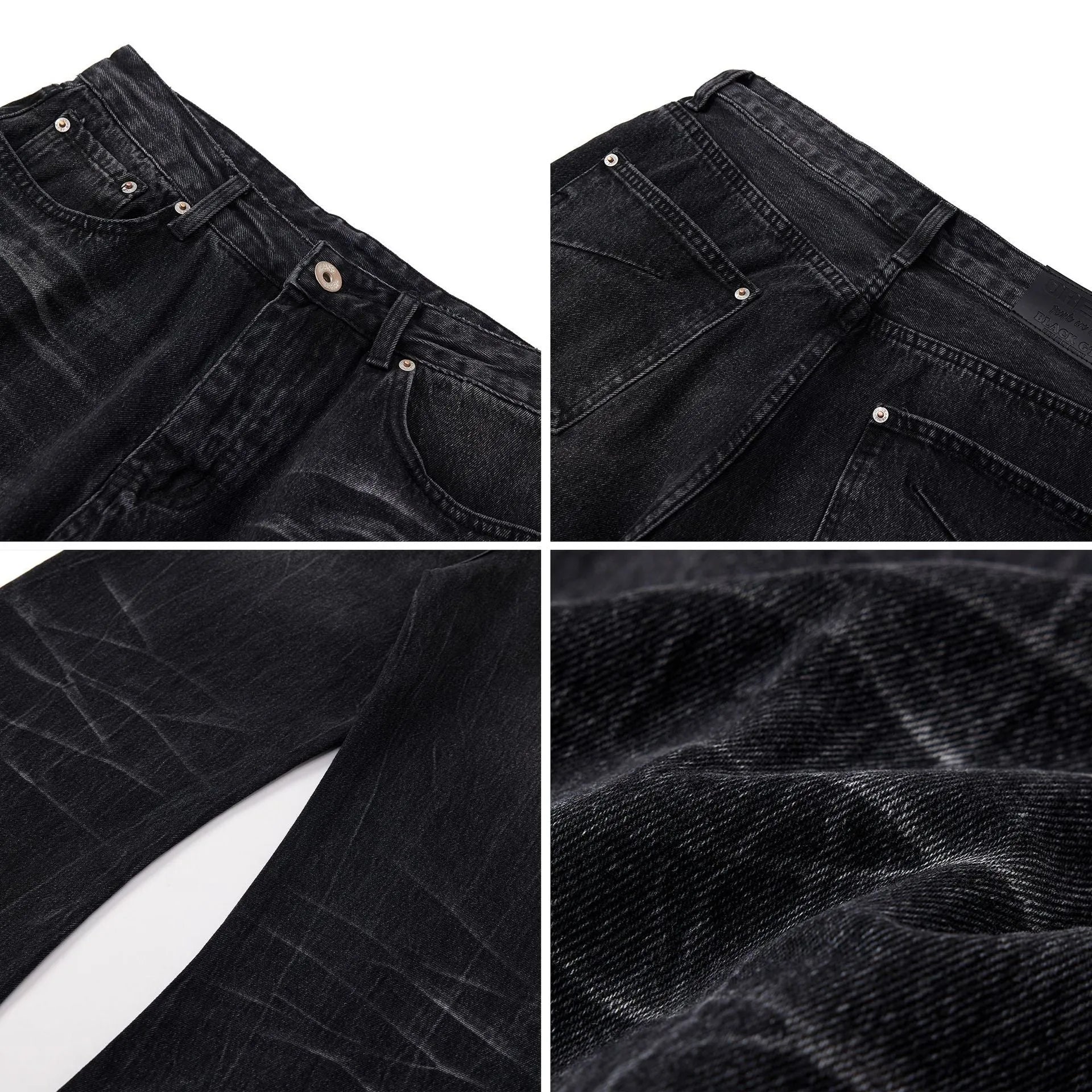 Black men's straight-leg jeans with a distressed lightning crack pattern on the legs.