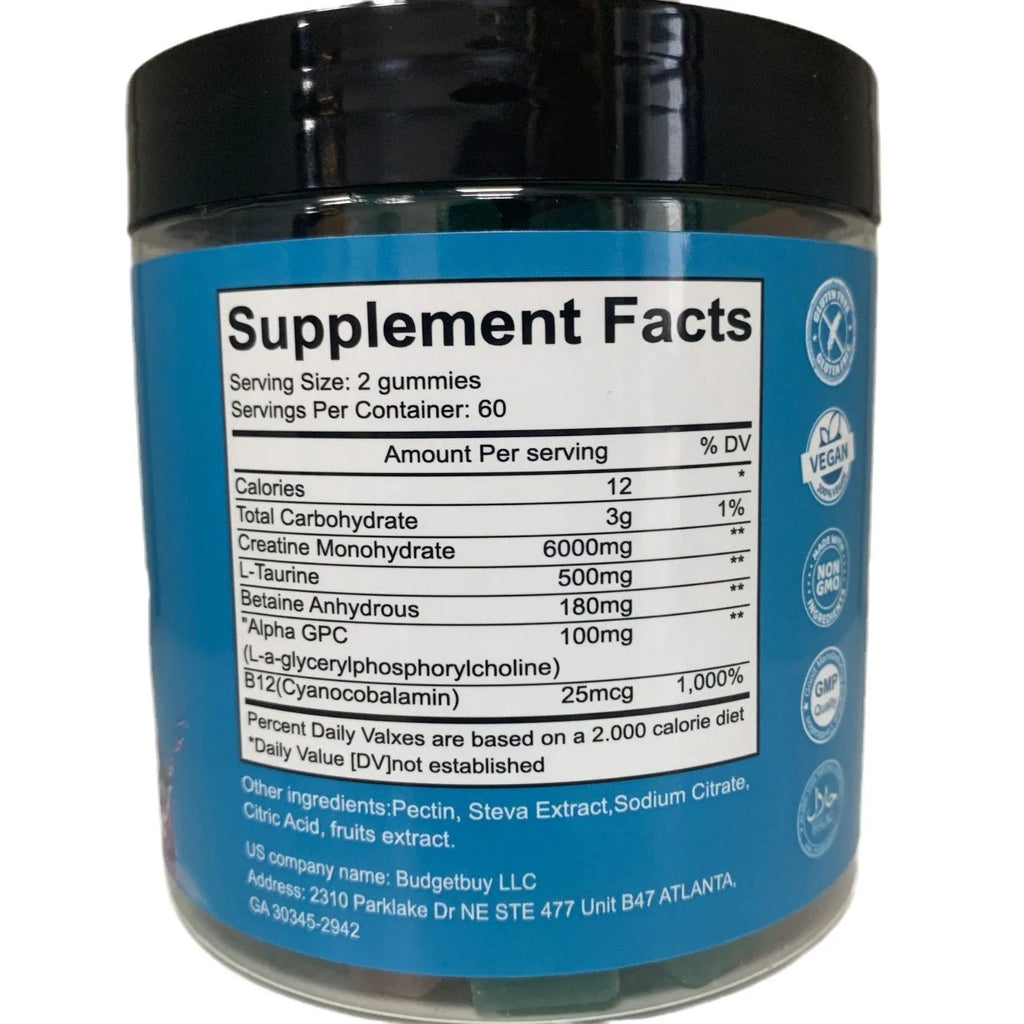 Bottle of raspberry flavoured creatine monohydrate gummy supplements containing 120 soft candies.