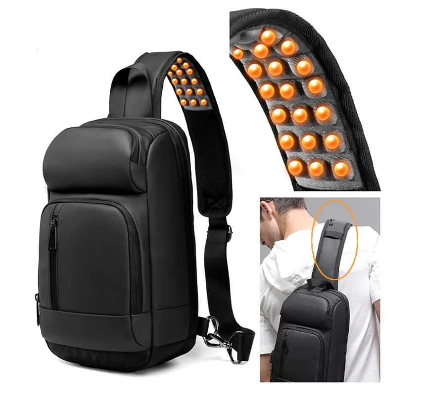 Black PVC outdoor shoulder bag with adjustable strap and internal laptop compartment
