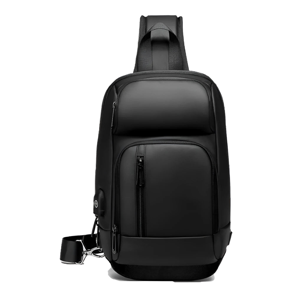 Black PVC outdoor shoulder bag with adjustable strap and internal laptop compartment