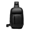 Black PVC outdoor shoulder bag with adjustable strap and internal laptop compartment