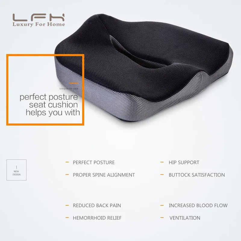 Black and gray coccyx memory foam seat cushion 45x38x13cm on a chair