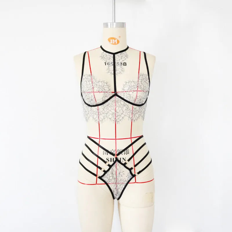 Lace and spandex three-point lingerie set in photo colour, Asian sizes S to 3XL