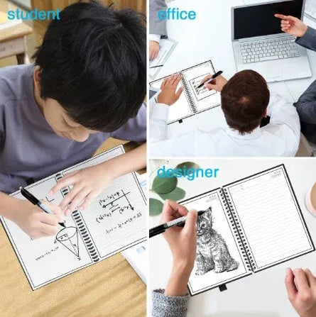 Rewritable paper notebook with black PP cover, spiral binding, and pen on a desk