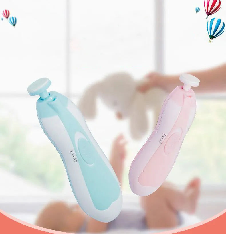 Blue anti-scratch multifunctional baby electric nail polisher with LED light and six grinding heads in a storage box
