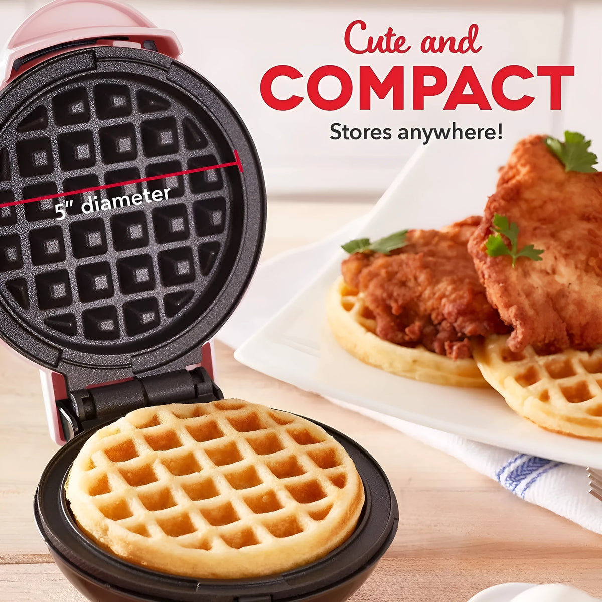 Mini waffle machine in white, 16.5cm tall, with electric heating tube and UK plug, on a countertop