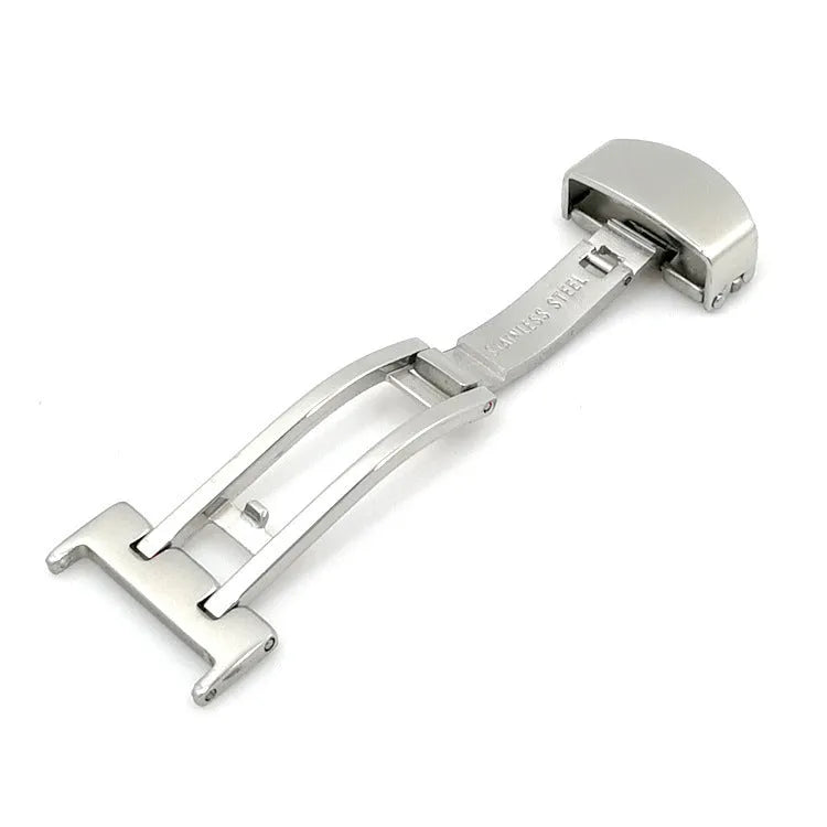 Silver stainless steel single-side folding watch buckle clasp on a white background