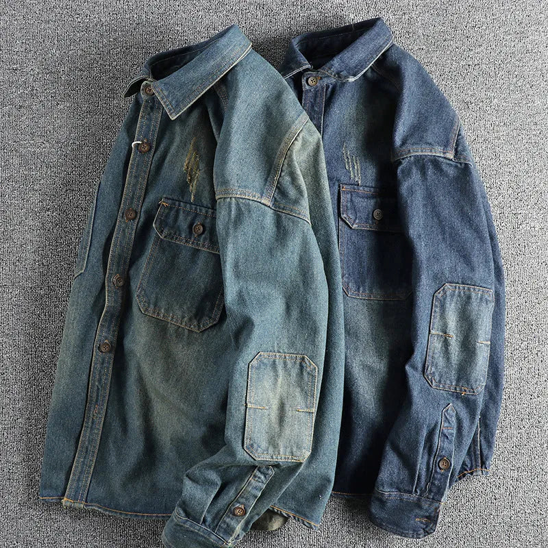 Men's light blue vintage washed denim shirt with long sleeves and loose cardigan style