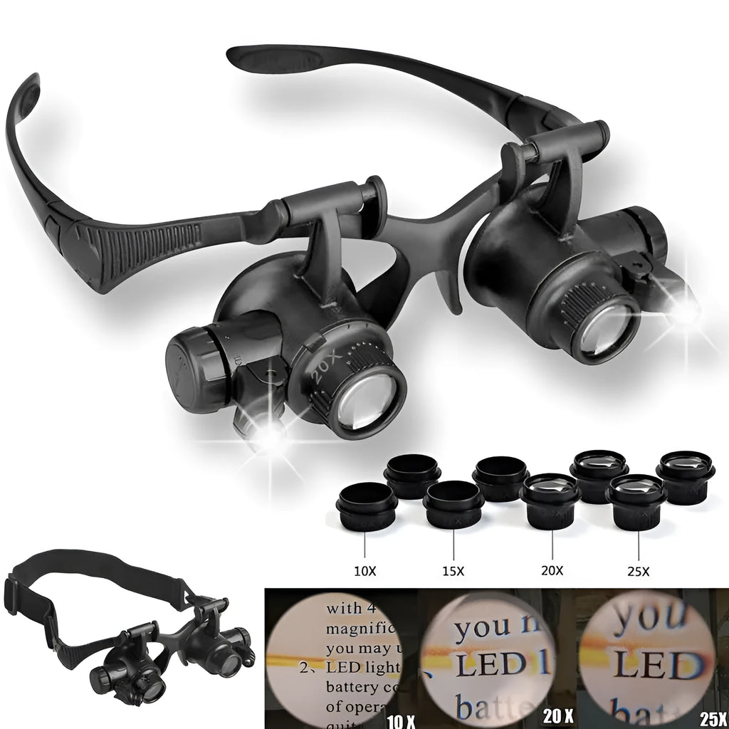Black double eye magnifier glasses with LED lights and multiple lenses for hands-free watch and electronic repair.