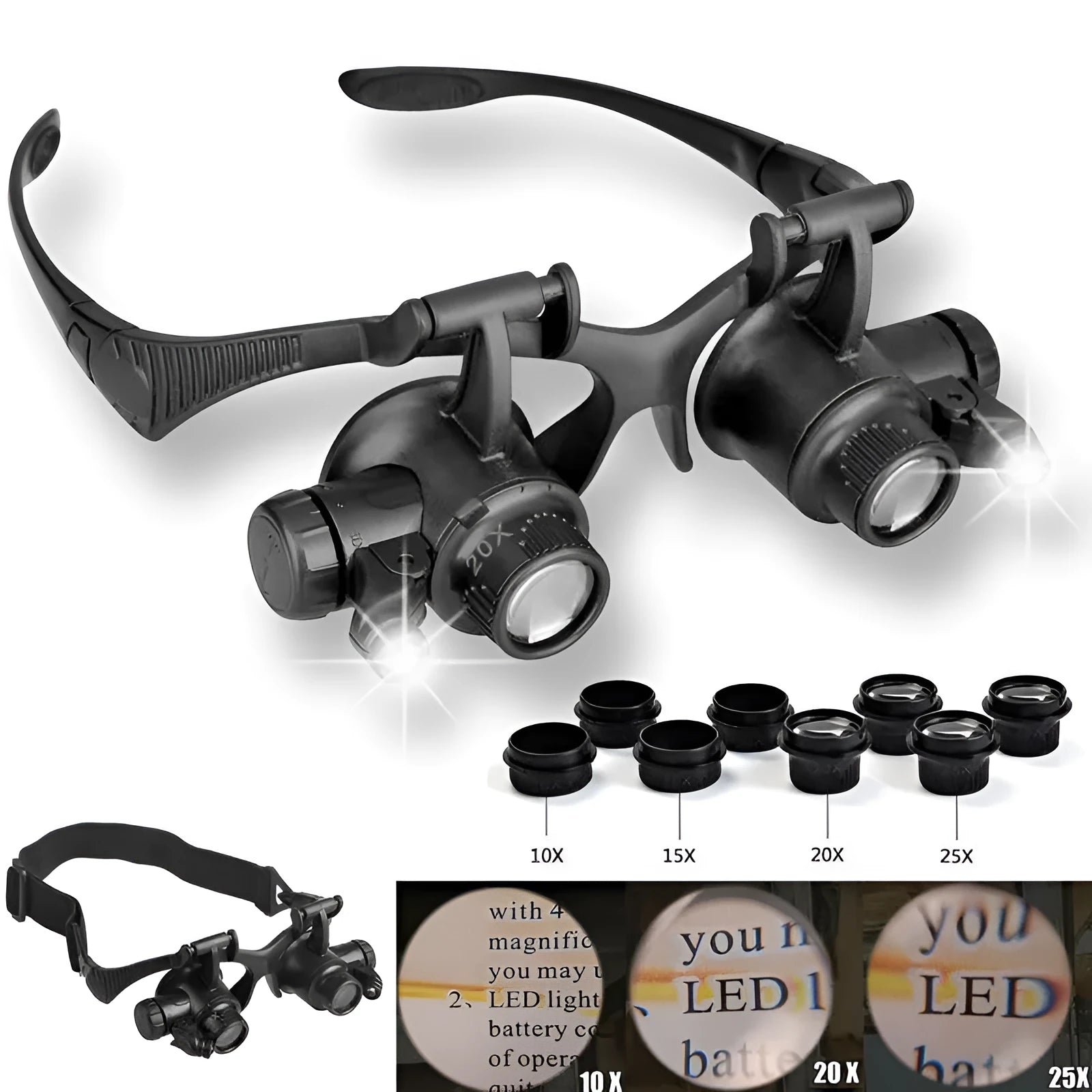 Black double eye magnifier glasses with LED lights and multiple lenses for hands-free watch and electronic repair.