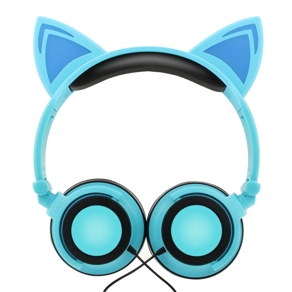 LED cat ear headphones showing illuminated blue ears and cushions on a black headband